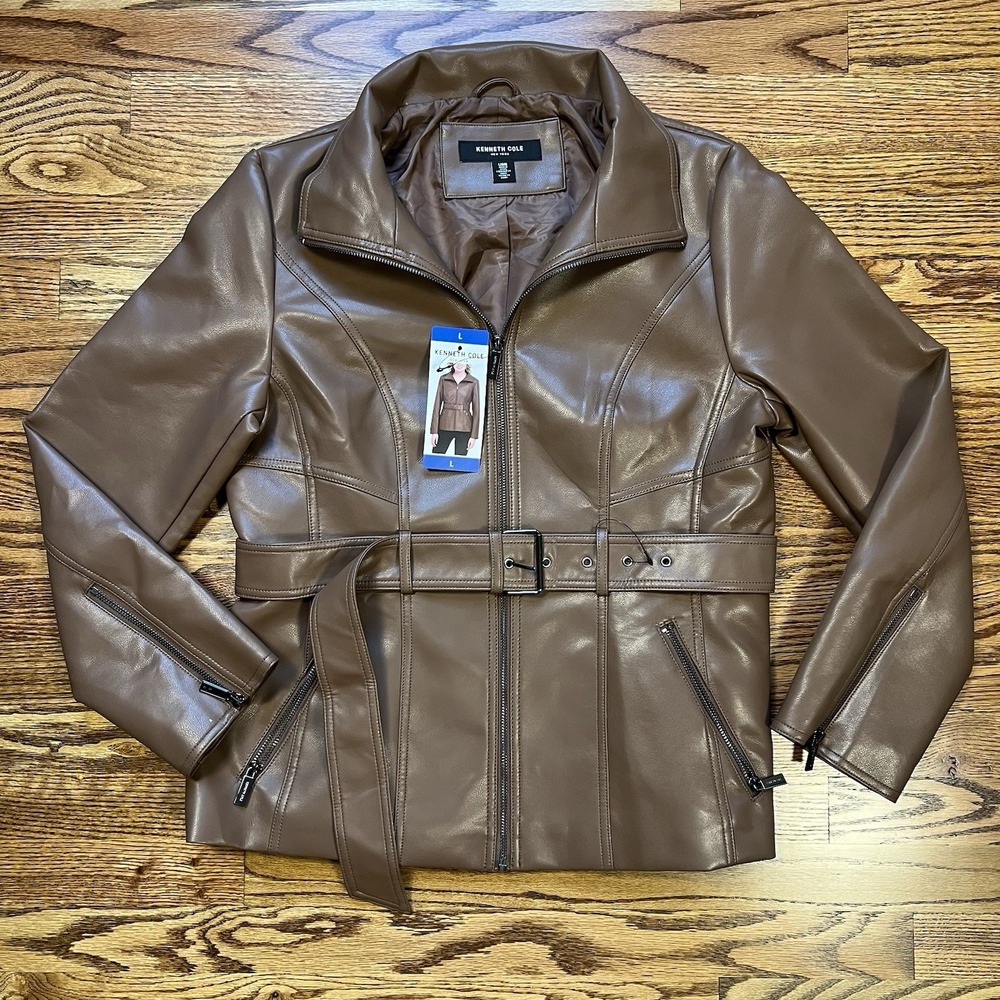 NWT Women's KENNETH COLE Brown Faux Leather Jacket Size Lg